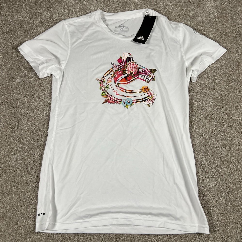 Adidas Womens Small White Vancouver Canucks NHL Aeroready Creator T-Shirt NWT